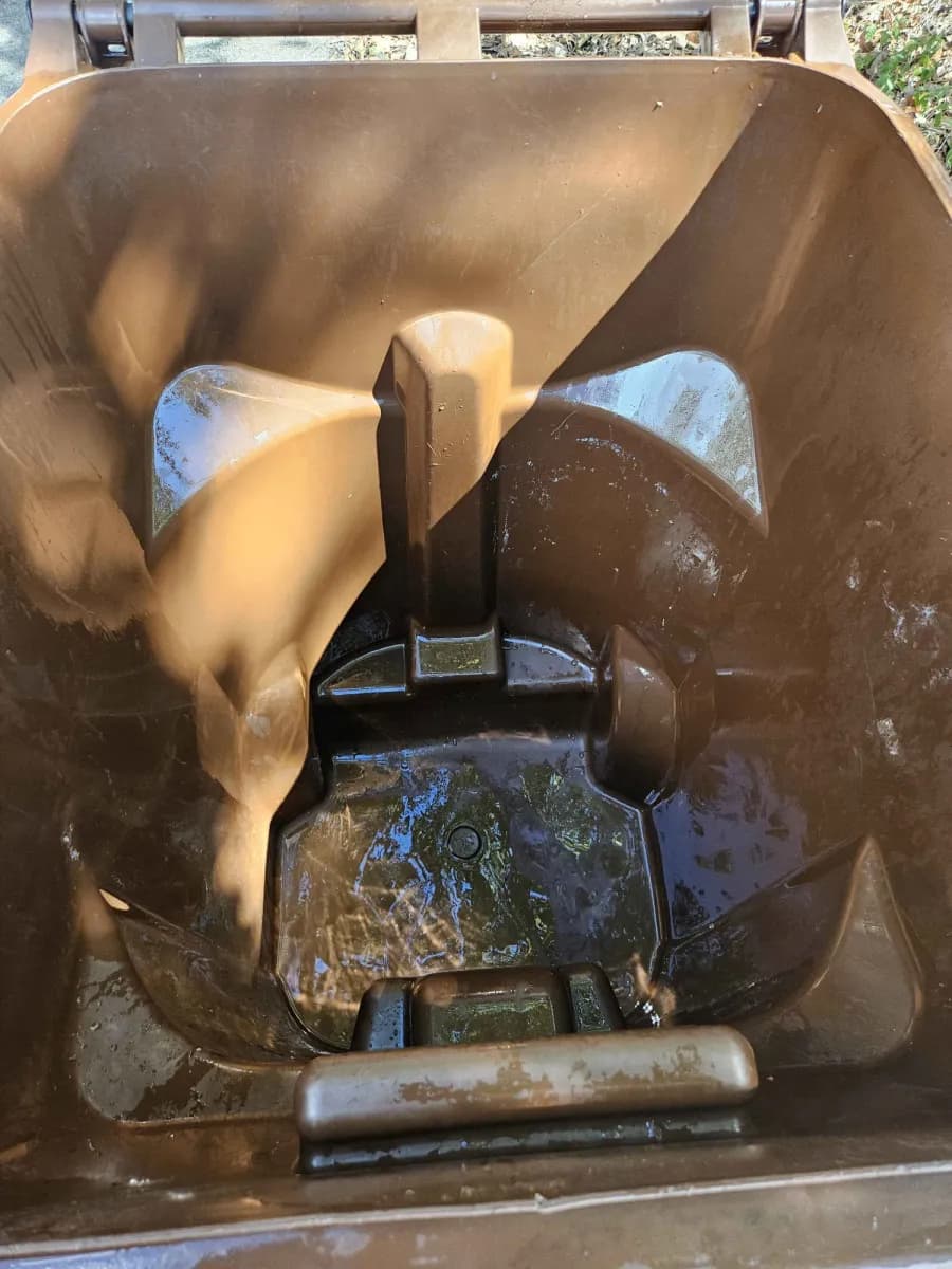 Inside a brown trash bin after cleaning, washed out and rinsed clean